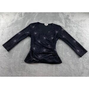 JBS Ltd Womens Black Metallic Starburst Wrap Blouse Ruched V-Neck Top Size M